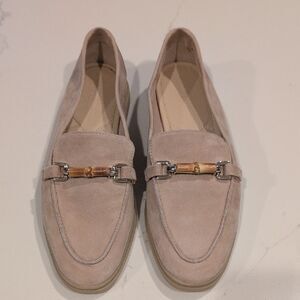 J. McLaughlin Reina Tan Suede Leather Horsebit Bamboo Loafer Shoes Size 6